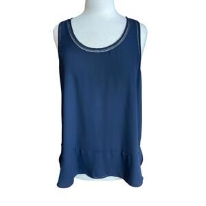 Loft navy mesh-trim blue tank top with ruffled hem medium